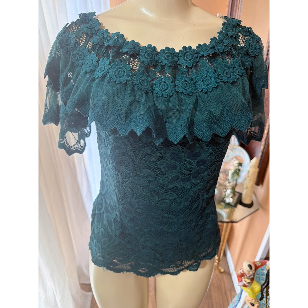 Forest Green Floral Lace Off Shoulder Ruffle‎ Tiered Blouse Top